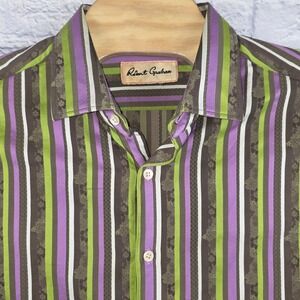 Robert Graham Men‎ Tailored Button Multicolor Striped Flip Cuff Floral Shirt XL
